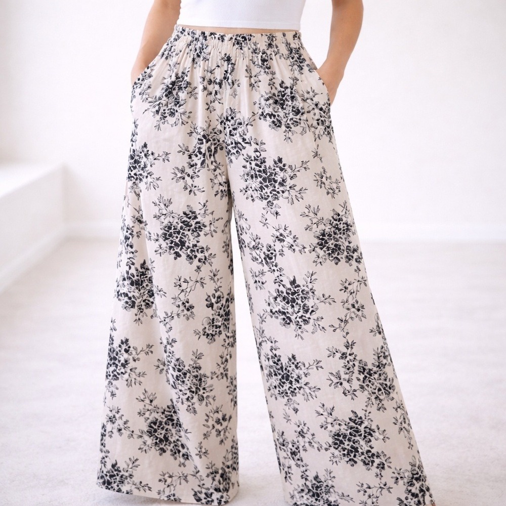 CIDER Floral Wide Leg Palazzo Pants – Ivory Black Size M‎